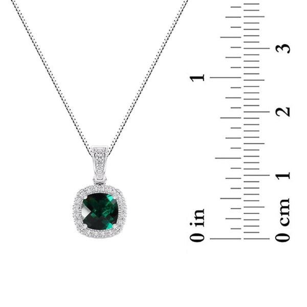 6MM Cushion Emerald and White Sapphire Birthstone Halo 18-inch Pendant in Sterling Silver