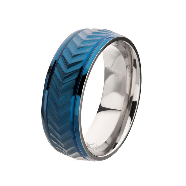 Inox Blue IP Titanium Matte Finish Chevron Comfort Fit Ring. Size 10