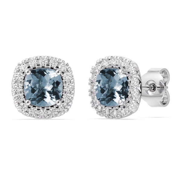 5MM Cushion Aquamarine and White Sapphire Birthstone Halo Stud Earrings in Sterling Silver