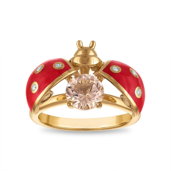 LoveSong Morganite and Lab Grown Diamond Lady Bug Ring in 18KT Gold Vermeil