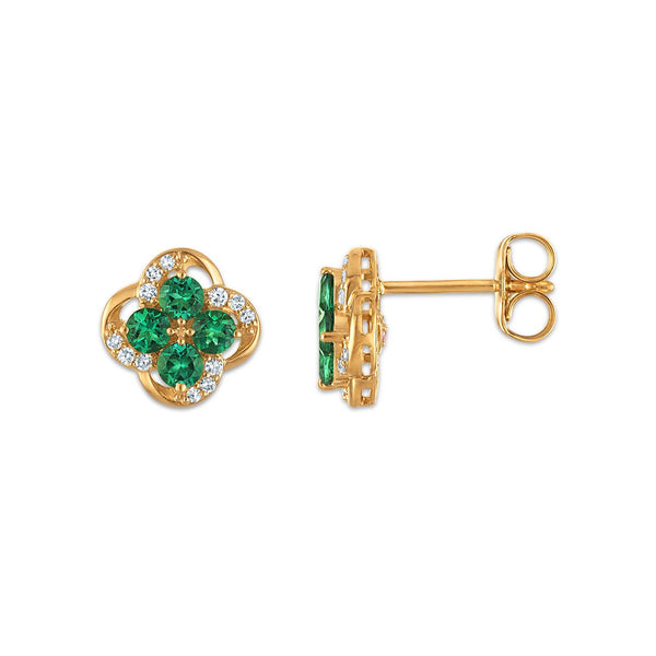 LoveSong EcoLove 2.5MM Emerald and Lab Grown Diamond Clover Earrings in 10KT Yellow Gold