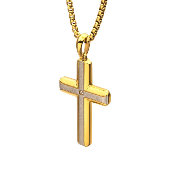 Inox 18KT Gold IP Brushed Finish Stainless Steel Lab Grown Diamond Accent 24-inch Cross