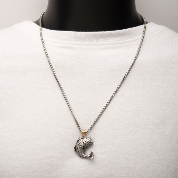 Inox Antiqued Matte Finish Stainless Steel  24-inch Largemouth Bass Pendant
