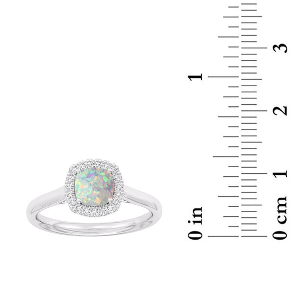 6MM Cushion Opal and White Sapphire Birthstone Halo Ring in Sterling Silver