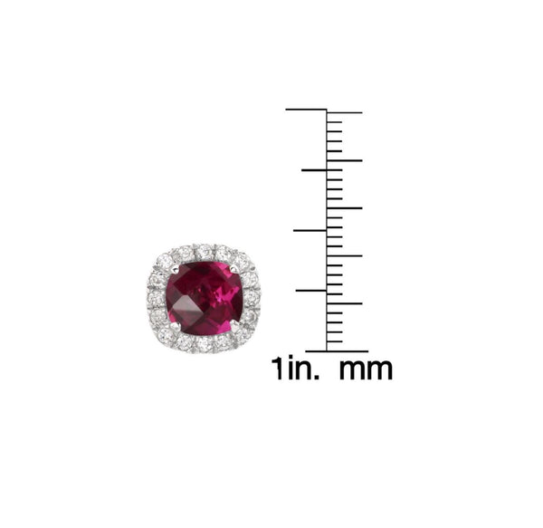 5MM Cushion Ruby and White Sapphire Birthstone Halo Stud Earrings in Sterling Silver