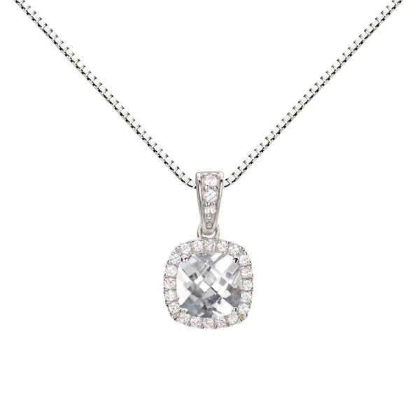 6MM Cushion White Sapphire and White Sapphire Birthstone Halo 18-inch Pendant in Sterling Silver