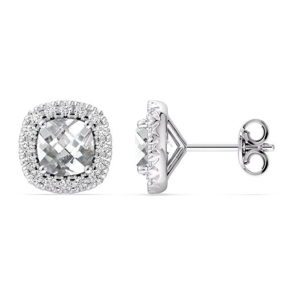 5MM Cushion White Sapphire and White Sapphire Birthstone Halo Stud Earrings in Sterling Silver