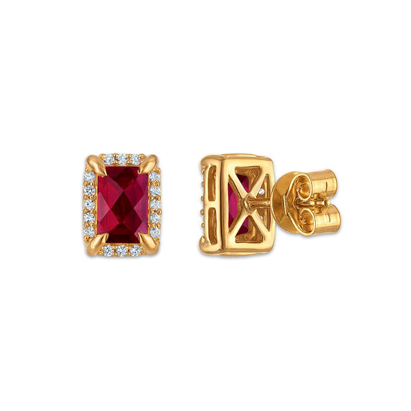 6X4MM Radiant Ruby and White Sapphire Birthstone Stud Earrings in 18KT Gold Vermeil
