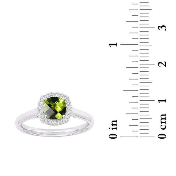 6MM Cushion Peridot and White Sapphire Birthstone Halo Ring in Sterling Silver