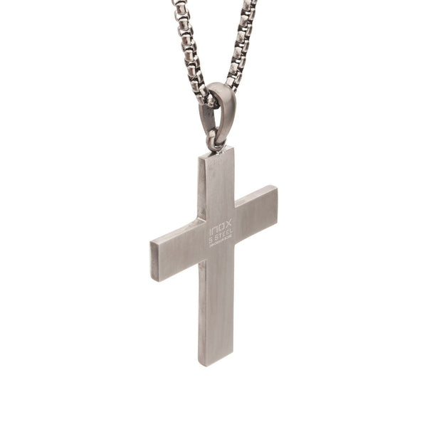 Inox Stainless Steel 24-inch Cross Pendant with Black Dinosaur Bone Inlay and Lab Grown Diamond Accent