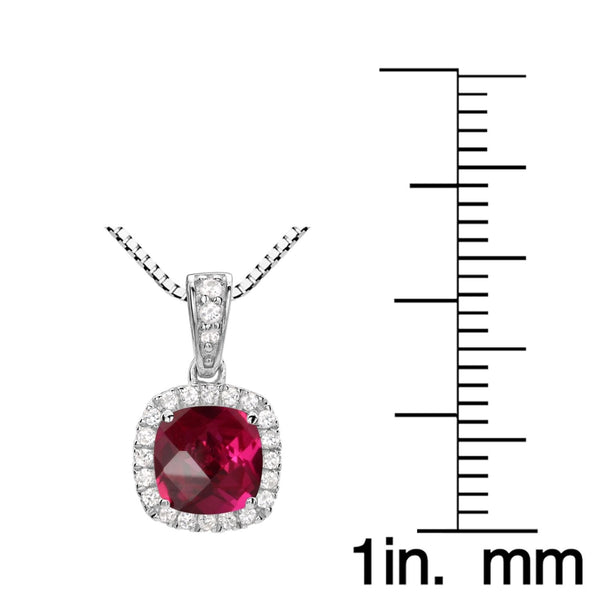 6MM Cushion Ruby and White Sapphire Birthstone Halo 18-inch Pendant in Sterling Silver