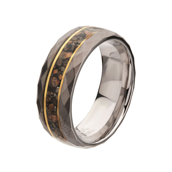 Inox Stainless Steel Ring with Dinosaur Bone Inlay and Thin 18KT Gold IP Lines. Size 10
