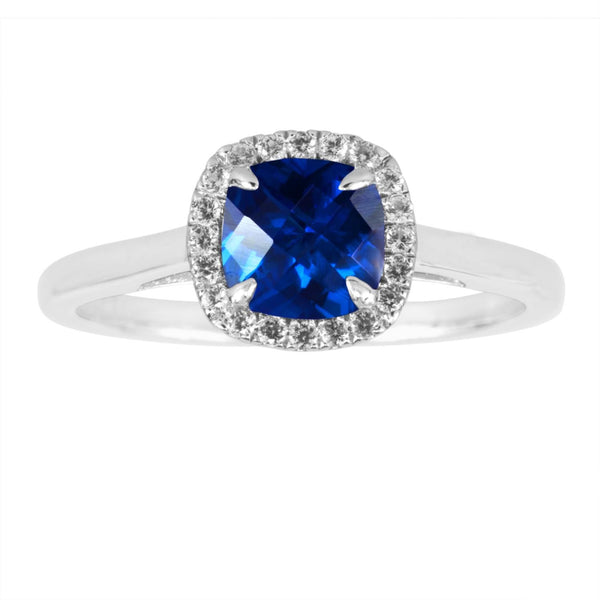 6MM Cushion Blue Sapphire and White Sapphire Birthstone Halo Ring in Sterling Silver