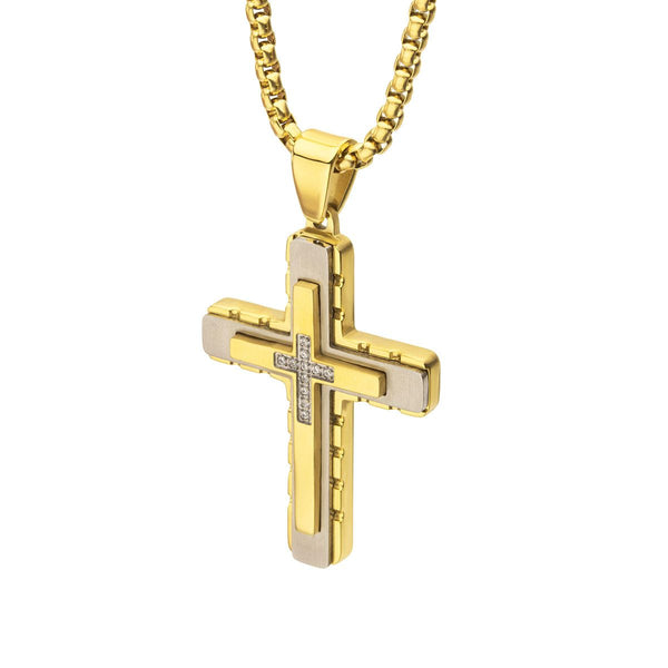 Inox 18KT Gold IP Stainless Steel 1/20 CTW Lab Grown Diamond Accent 24-inch Cross