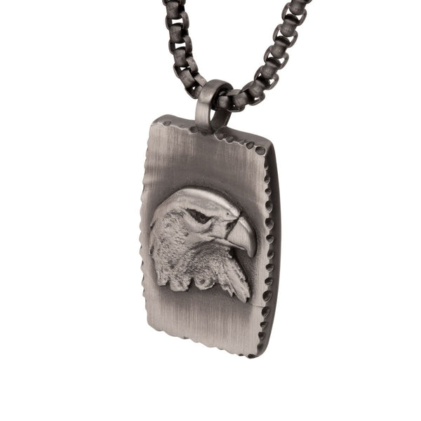 Inox Gun Metal IP Stainless Steel 24-inch Dog Tag with Eagle Inlay