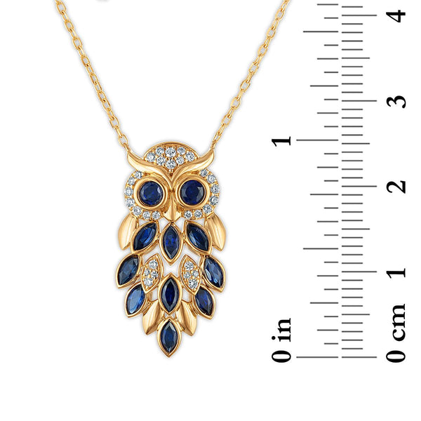 LoveSong 1/6 CTW Lab Grown Diamond and Blue Sapphire 18-inch Owl Pendant in 18KT Gold Vermeil