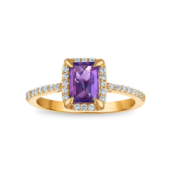 7X5MM Radiant Amethyst and White Sapphire Birthstone Halo Ring in 18KT Gold Vermeil