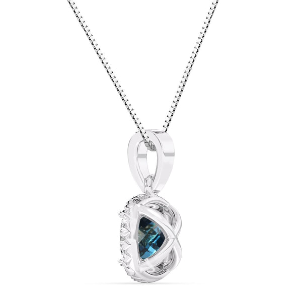6MM Cushion Swiss Blue Topaz and White Sapphire Birthstone Halo 18-inch Pendant in Sterling Silver