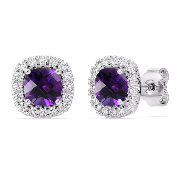 5MM Cushion Amethyst and White Sapphire Birthstone Halo Stud Earrings in Sterling Silver