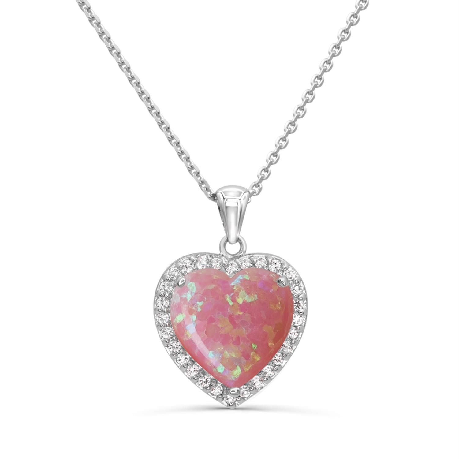 Heart Shaped Created Opal and White Sapphire Halo 18-inch Pendant in Sterling Silver