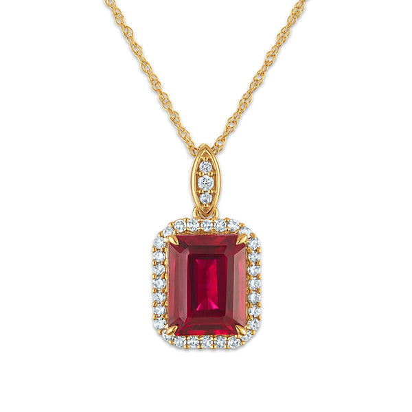 LoveSong EcoLove 9X7MM Ruby and Lab Grown Diamond Halo 18-inch Pendant in 10KT Yellow Gold