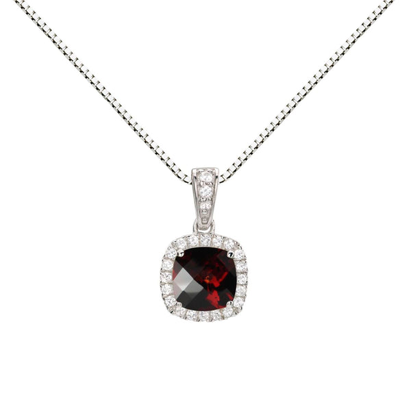 6MM Cushion Garnet and White Sapphire Birthstone Halo 18-inch Pendant in Sterling Silver