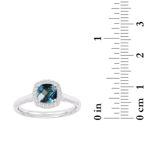 6MM Cushion Swiss Blue Topaz and White Sapphire Birthstone Halo Ring in Sterling Silver