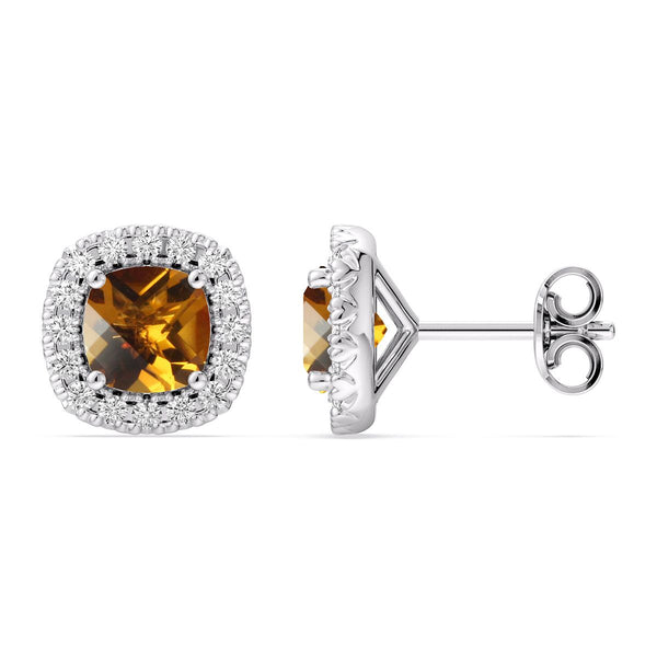 5MM Cushion Citrine and White Sapphire Birthstone Halo Stud Earrings in Sterling Silver