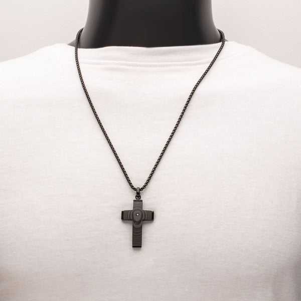 Inox Solid Carbon Fiber Natural Diamond Accent 24-inch Cross Pendant
