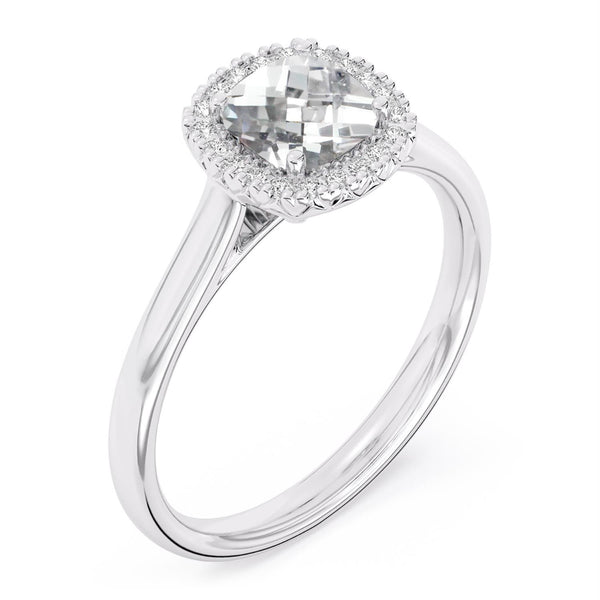 6MM Cushion White Sapphire and White Sapphire Birthstone Halo Ring in Sterling Silver