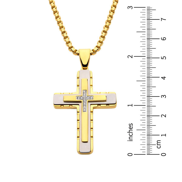 Inox 18KT Gold IP Stainless Steel 1/20 CTW Lab Grown Diamond Accent 24-inch Cross