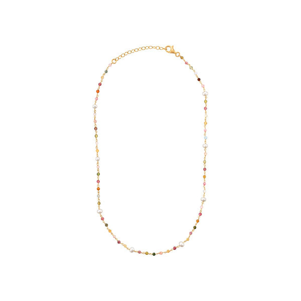 Pearl and Tourmaline 18-inch Necklace in Yellow Gold Plated Sterling Silver