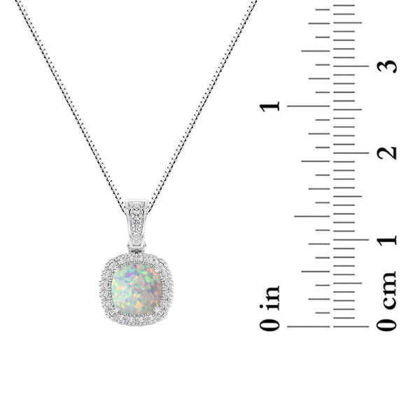 6MM Cushion Opal and White Sapphire Birthstone Halo 18-inch Pendant in Sterling Silver