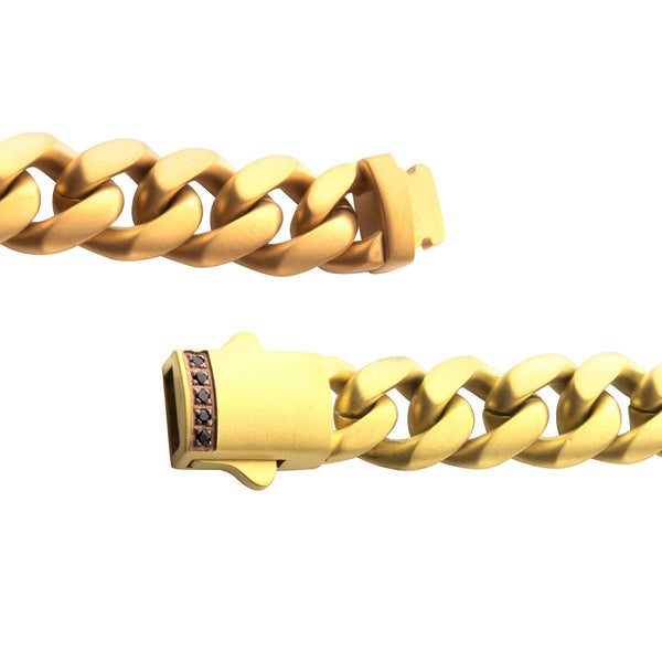 Inox Gold IP Stainless Steel 8.5-inch 8MM Miami Cuban Link Bracelet with Black Sapphire