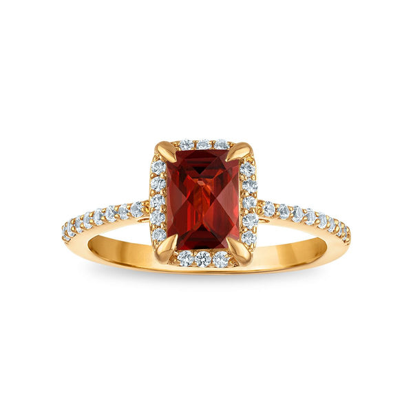 7X5MM Radiant Garnet and White Sapphire Birthstone Halo Ring in 18KT Gold Vermeil