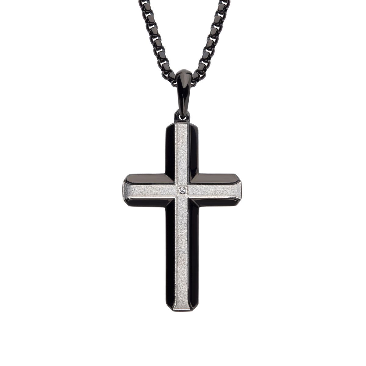 Inox Black IP Brushed Finish Stainless Steel Lab Grown Diamond Accent 24-inch Cross