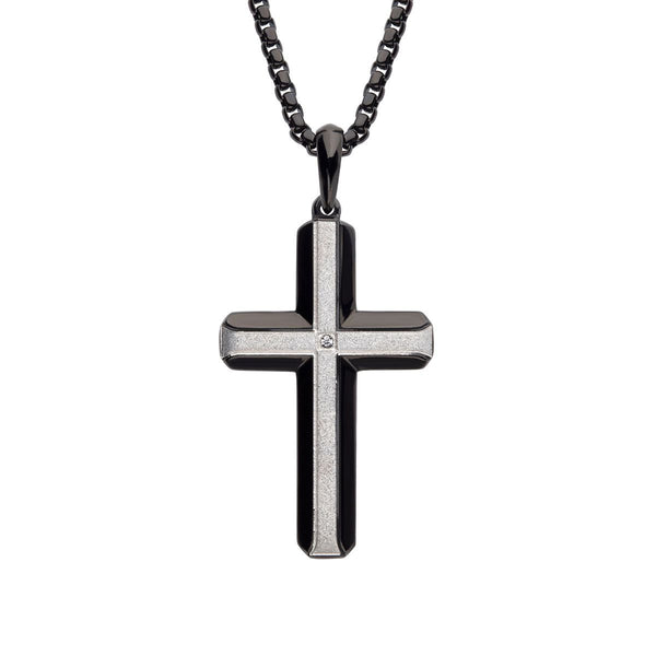 Inox Black IP Brushed Finish Stainless Steel Lab Grown Diamond Accent 24-inch Cross