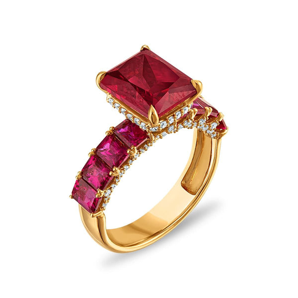 LoveSong EcoLove 10X8MM Ruby and Lab Grown Ruby Engagement Ring in 10KT Yellow Gold