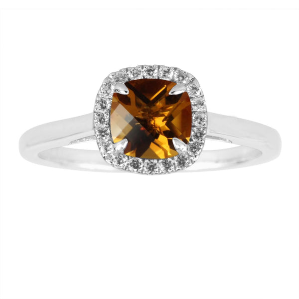 6MM Cushion Citrine and White Sapphire Birthstone Halo Ring in Sterling Silver