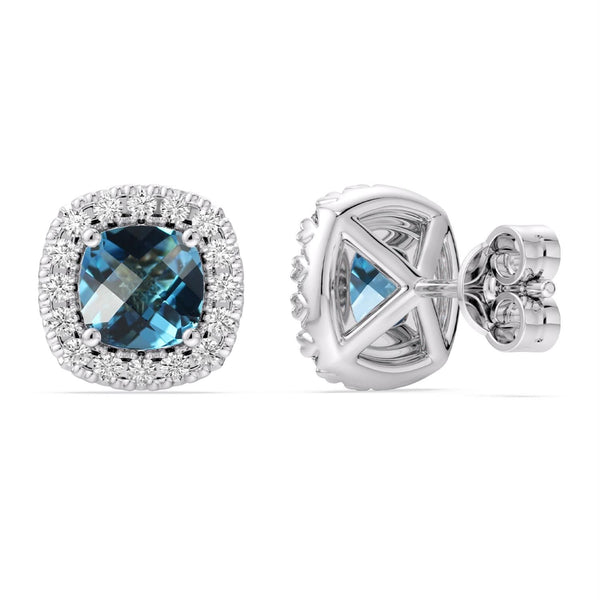 5MM Cushion Swiss Blue Topaz and White Sapphire Birthstone Halo Stud Earrings in Sterling Silver
