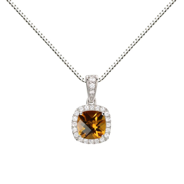 6MM Cushion Citrine and White Sapphire Birthstone Halo 18-inch Pendant in Sterling Silver