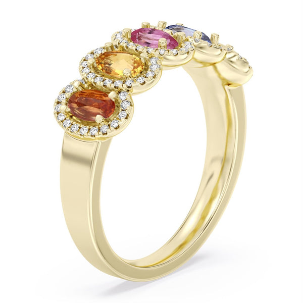 Multi-Color Sapphire and Diamond Halo Ring in 10KT Yellow Gold