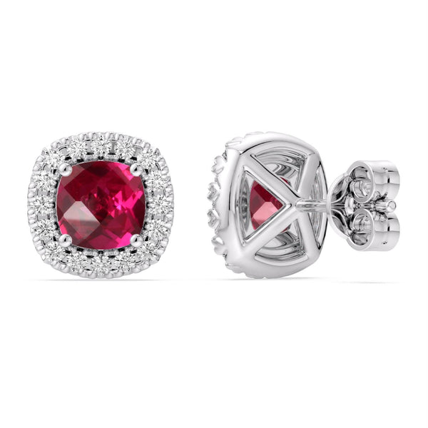 5MM Cushion Ruby and White Sapphire Birthstone Halo Stud Earrings in Sterling Silver
