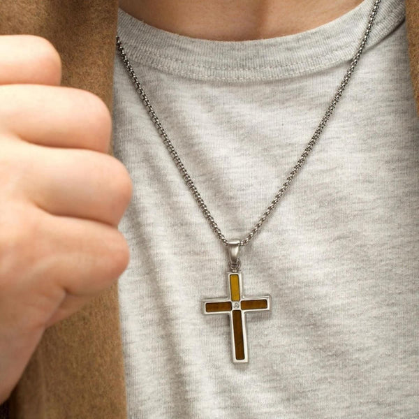 Inox Stainless Steel Tiger Eye Stone Inlay and Lab Grown Diamond Accent 22-inch Cross Pendant
