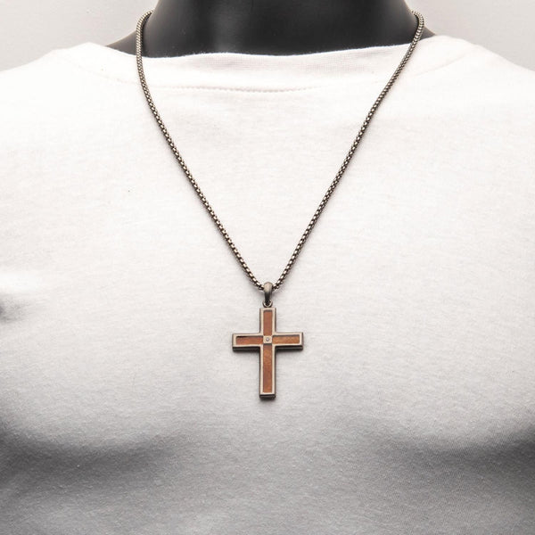Inox Stainless Steel 24-inch Cross Pendant with Whiskey Barrel Wood Inlay and Lab Grown Diamond Accent