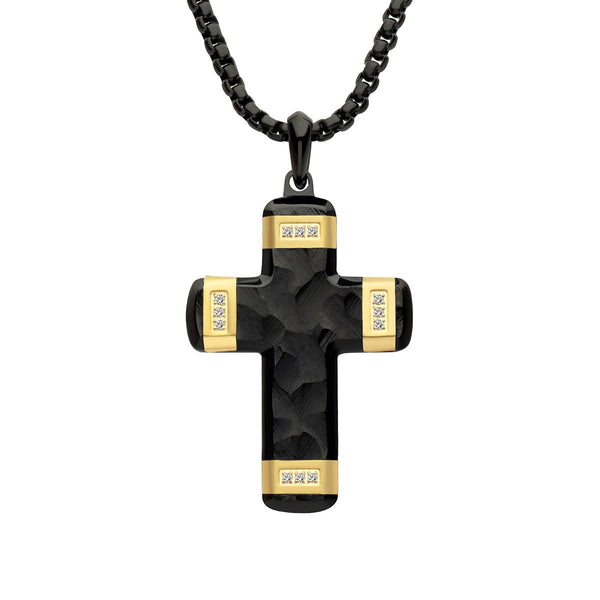 Inox 18KT Gold IP Two-Tone Stainless Steel Lab Grown Diamond Accent 24-inch Cross Pendant