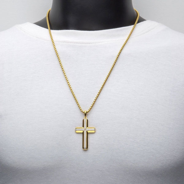 Inox 18KT Gold IP Brushed Finish Stainless Steel Lab Grown Diamond Accent 24-inch Cross