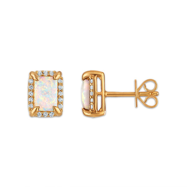 6X4MM Radiant Opal and White Sapphire Birthstone Stud Earrings in 18KT Gold Vermeil