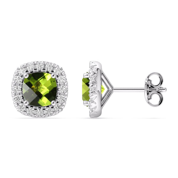 5MM Cushion Peridot and White Sapphire Birthstone Halo Stud Earrings in Sterling Silver
