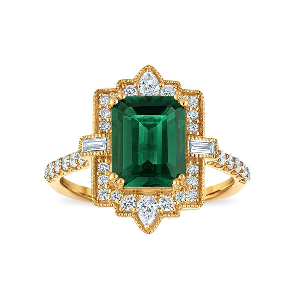 LoveSong EcoLove 9X7MM Emerald and Lab Grown Diamond Halo Ring in 10KT Yellow Gold